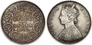 British India 1/2 Rupee 1892 C - KM# 491; ... 