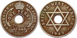 British West Africa 1 Penny 1943 Error - KM# ... 
