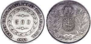 Brazil 500 Reis 1851 - KM# 458; Silver. XF.