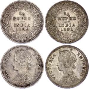 British India 1/4 Rupee 1882 - 1891 C - KM# ... 