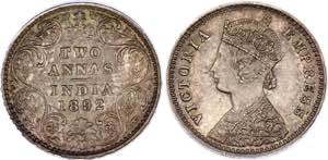 British India 2 Annas 1892 B - KM# 488; ... 
