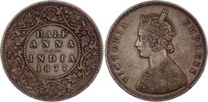 British India 1/2 Anna 1877 - KM# 487; ... 