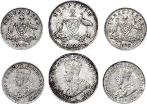Australia Lot of 3 Silver Coins 1921 - 1927 ... 