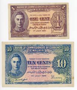 Malaya 1 & 10 Cents 1945 ... 