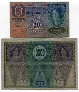 Austria Set of 2 Notes: 20 Kronen - 10 000 ... 