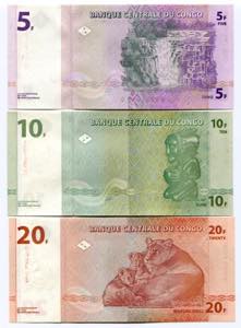 Congo Set of 3 Notes: 5 - 10 - 20 Francs ... 
