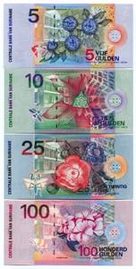 Suriname Set of 4 Notes: 5 - 10 - 25 - 100 ... 