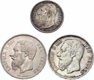 Belgium Set of 3 Silver Coins: 2 - 5 - 5 ... 