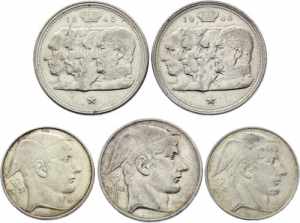 Belgium Lot of 5 Silver Coins 1948 - 1950