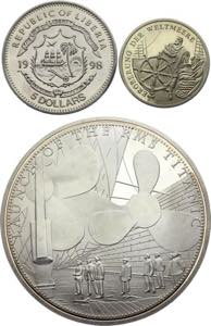 World Lot of 2 Medals & 5 Liberia Dollars ... 