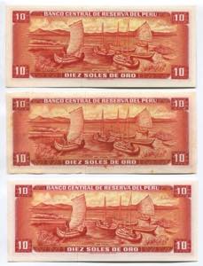 Peru 10 Soles Lot of 3 Banknotes 1970 -1972