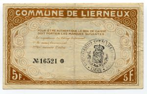 Belgium 5 Francs 1915 Commune De Lierneux