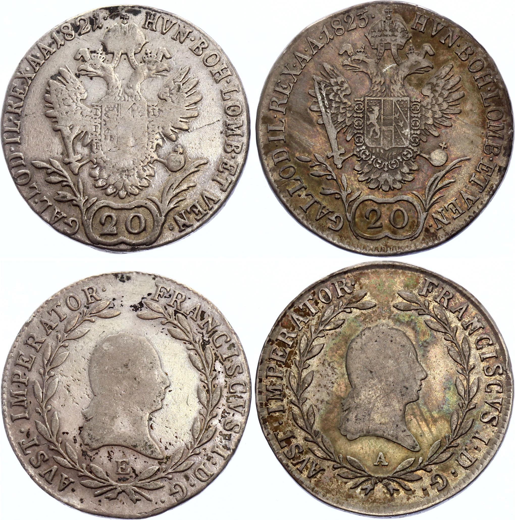 Austria 2 x 20 Kreuzer 1821 E & 1823 A