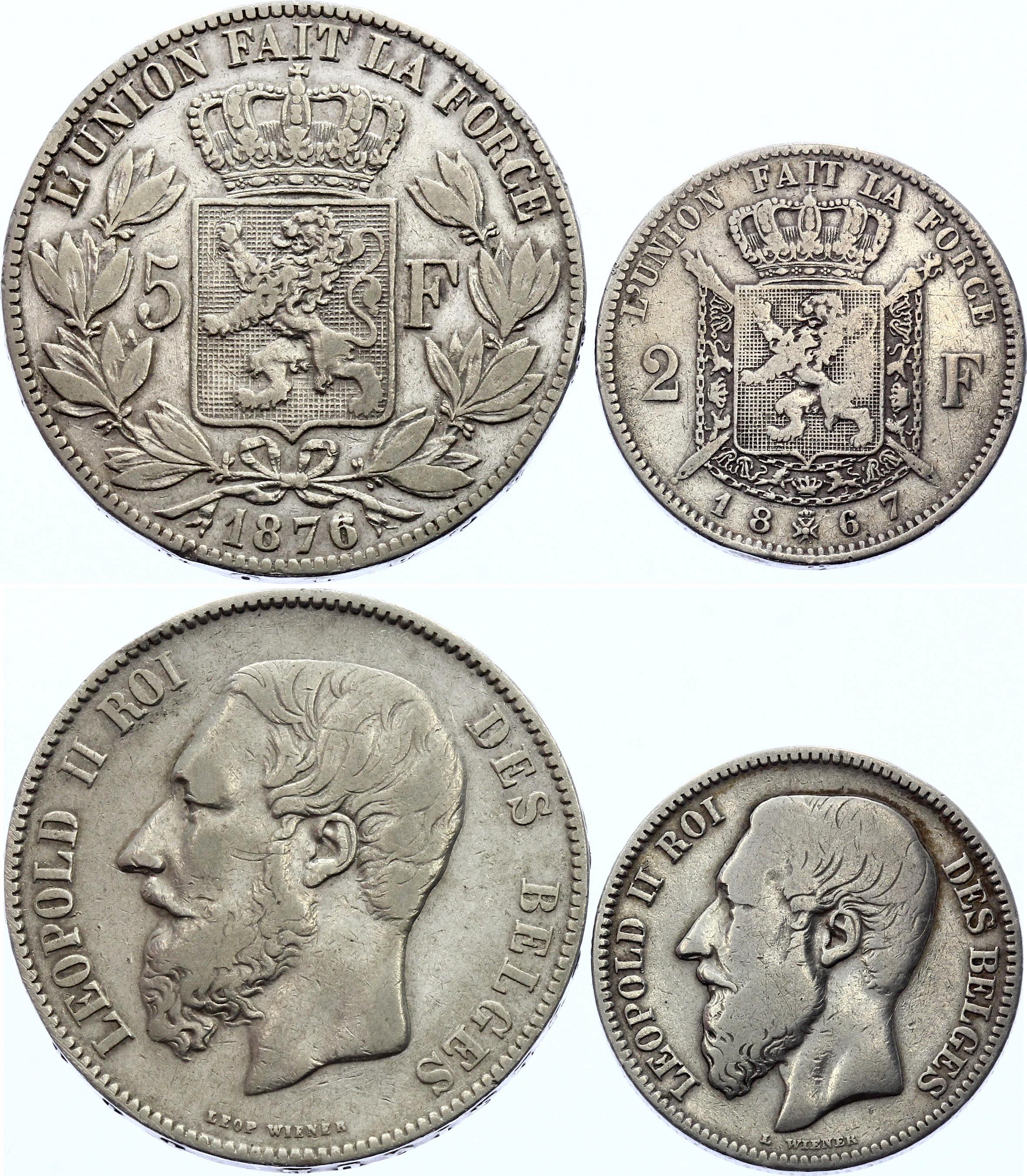 Belgium 2 & 5 Francs 1867 -76