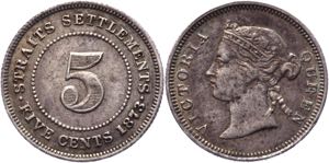 Straits Settlements 5 Cents 1873 Very Rare ... 