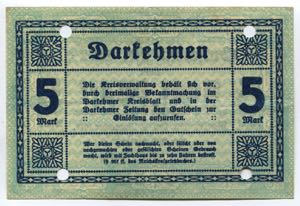 Germany East Prussia Darkehmen 5 Mark 1918