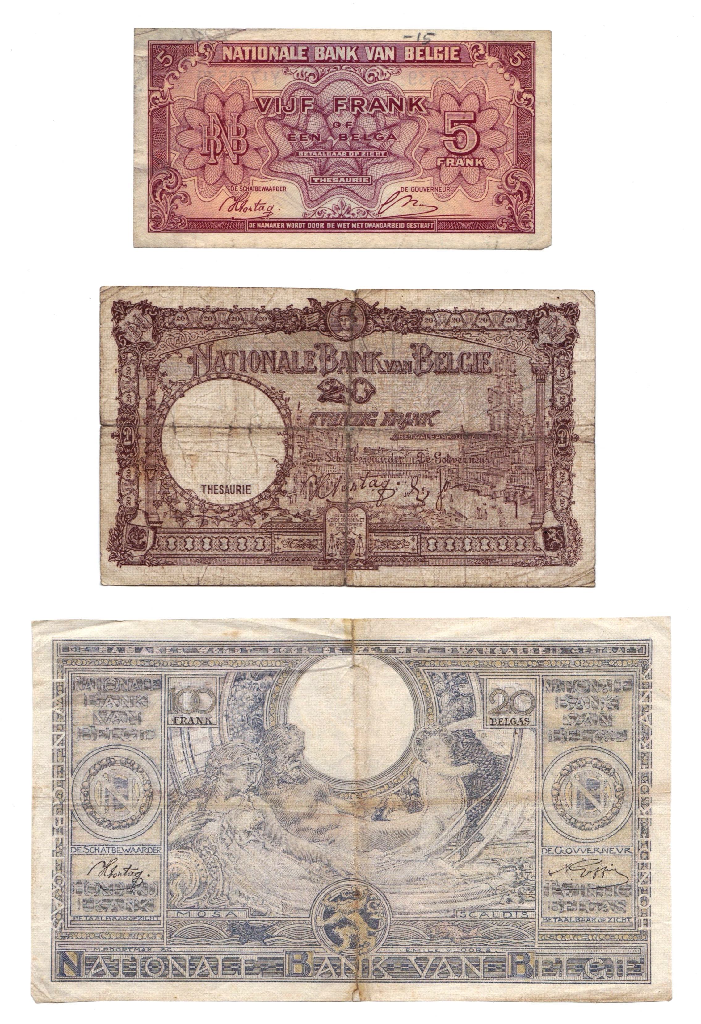 Belgium 5-100 Francs 1940 -1943