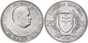 Slovakia 20 Korun 1939 KM# 3; Silver ... 