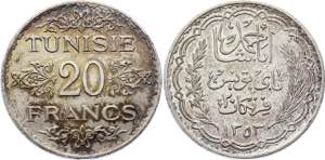 Tunisia 20 Francs 1934 AH 1353 KM# 263; ... 