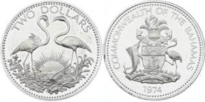 Bahamas 2 Dollars 1974 KM# 66a; Silver ... 