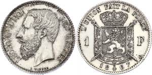 Belgium 1 Franc 1867 KM# 28; Silver; Leopold ... 