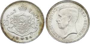 Belgium 20 Francs 1934 KM# 104; Silver; ... 