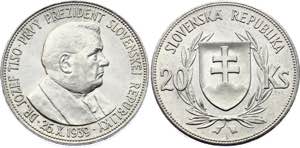 Slovakia 20 Korun 1939 KM# 3; Silver; Jozef ... 