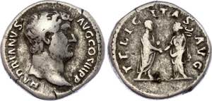 Roman Empire Hadrianus Felicita Denarius 117 ... 