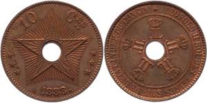 Belgian Congo 10 Centimes 1888 KM# 4; Copper ... 