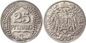 Germany - Empire 25 Pfennig 1909 G KM# 18; ... 