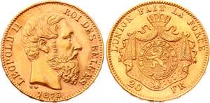 Belgium 20 Francs 1875 KM# 37; Gold (.900) ... 