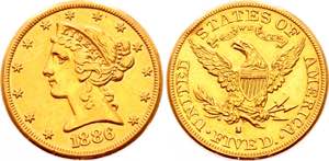 United States 5 Dollars 1886 S KM# 101; Gold ... 