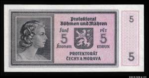 Bohemia & Moravia 5 Korun 1940 P# 4a; UNC