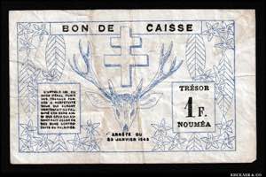 New Caledonia 1 Franc 1943 P# 55a; VF