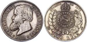 Brazil 1000 Reis 1888 KM# 481; Silver; Pedro ... 