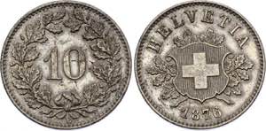 Switzerland 10 Rappen 1876 B KM# 6; Billon; ... 