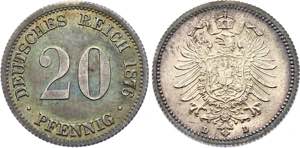 Germany - Empire 20 Pfennig 1876 D KM# 5; ... 