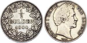 German States Bavaria 1/2 Gulden 1844 KM# ... 