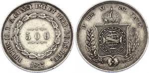 Brazil 500 Reis 1857 KM# 458; Silver; Pedro ... 