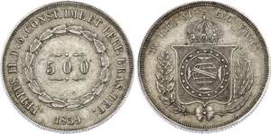 Brazil 500 Reis 1859 KM# 464; Silver; Pedro ... 