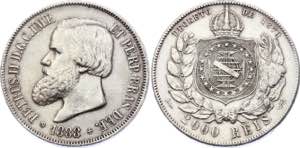 Brazil 2000 Reis 1888 KM# 485; Silver; Pedro ... 
