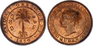 Ceylon 1 Cent 1870 KM# 92; Victoria; BUNC ... 