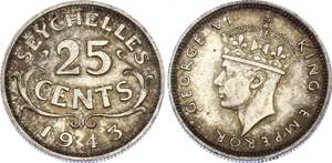 Seychelles 25 Cents 1943 KM# 2; Silver; ... 