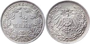 Germany - Empire 1/2 Mark 1915 D KM# 17; ... 