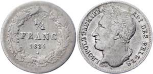 Belgium 1/4 Franc 1834 Signature KM# 8; ... 