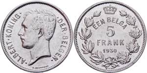 Belgium 5 Francs 1930 KM# 98; Nickel ... 