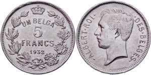 Belgium 5 Francs 1932 KM# 97.1; Nickel ... 