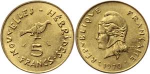 New Hebrides 5 Francs 1970 KM# 6.1; ... 