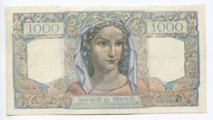 France 1000 Francs 1945 P# 130a; VF