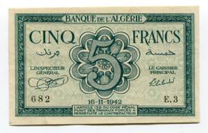 Algeria 5 Francs 1942 P# ... 